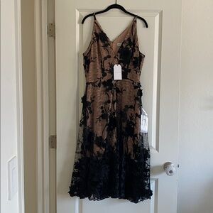 Dress the Population Taupe Slip Dress with Black Floral Overlay